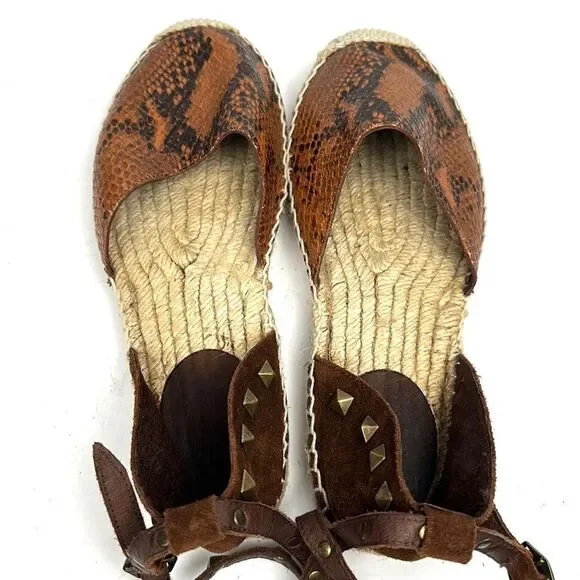 ASH Spain Rockstud Leather Suede Flat Espadrilles Brown Piton Print 37 US 6,5 - Picture 7 of 16